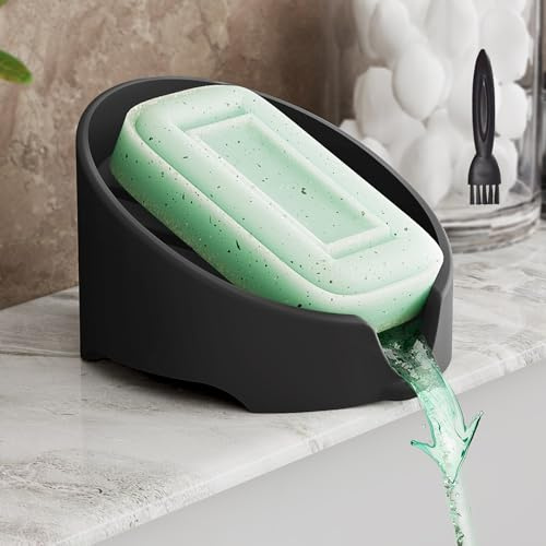 NiHome Silicone Soap Dish mit Ablauf für Badezimmer & Küche, Seifenablage Dusche für Verschiedene Seifen, Spülmaschinenfest, leicht zu Reinigen mit Beiliegender Bürste (Schwarz)