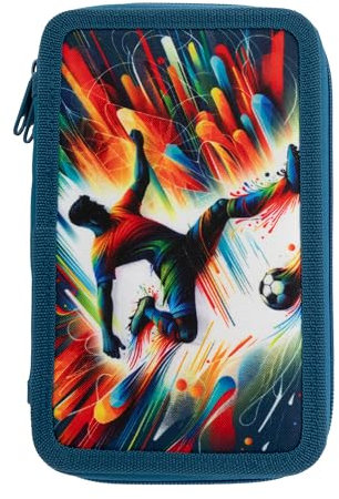 Idena 20181 - Federmappe Triple mit 3 Reißverschlussfächern, Design Fußball, gefülltes Federmäppchen mit 47 Teilen
