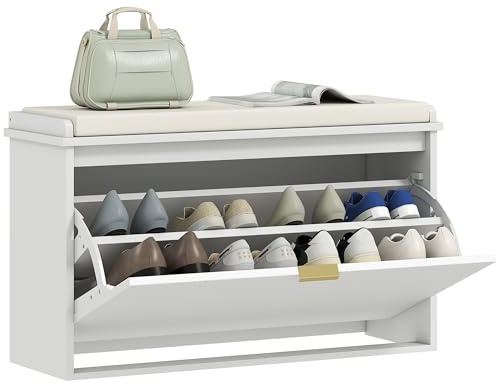 HOMCOM Panca Scarpiera con Ripiano Interno Regolabile e Removibile, Mobile Scarpiera in Legno e Tessuto Effetto Lino, 80x26x47.5 cm, Bianco e Beige
