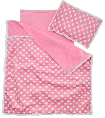 Baby Doll Accessories Dollhouse Bedding Set - Doll Blanket, Pillow & Mattress Playset for 18 Dolls,Gifts for Boys Girls Ages 3 4 5 Year Old (Pink Heart)