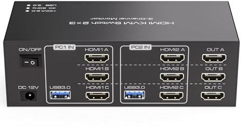 HDMI KVM Switch 3 Monitors 2 Computers 4K@60Hz KVM Switches with 4 USB 3.0 Ports for 2 Computers Sharing Triple Monitor and 4 USB Devices Support Extended & Copy Mode with 2 USB Cables