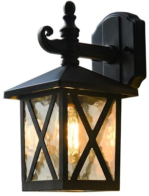 Aplique Pared Exterior, Lampara Exterior Vintage, Lámpara de Aluminio y Vidrio Para Exteriores, E27 Lámpara de Jardín Impermeable , sin Bombilla, Para Garaje, Balcón, Iluminación de Terraza Negro