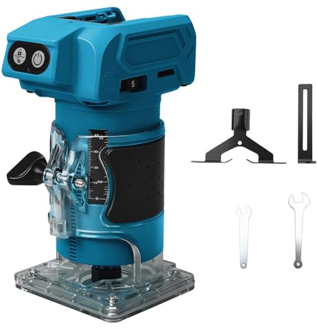 Akku Oberfräse Kompatibel mit Makita Akku 18V 800W Bürstenloser Kantenfräser mit 5 Geschwindigkeiten, 6,35mm Spannzange, 30000RPM, Akku-Holzfräser für Holzbearbeitung