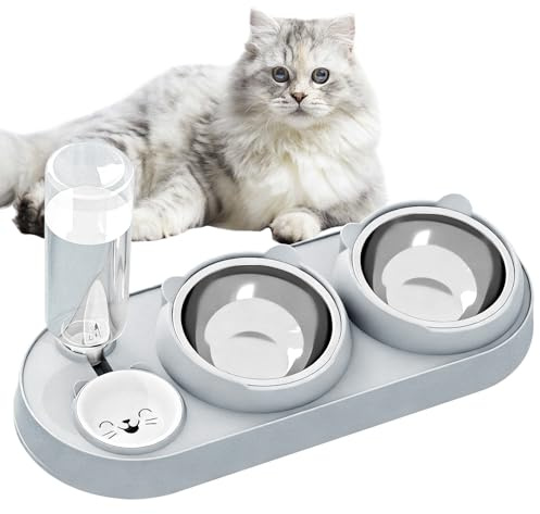 Ciotola per gatti 3 in 1, set con dispenser per acqua, in acciaio inox, doppia ciotola per gatti inclinabile a 15°, per gatti e cani di piccola taglia, ciotola rimovibile