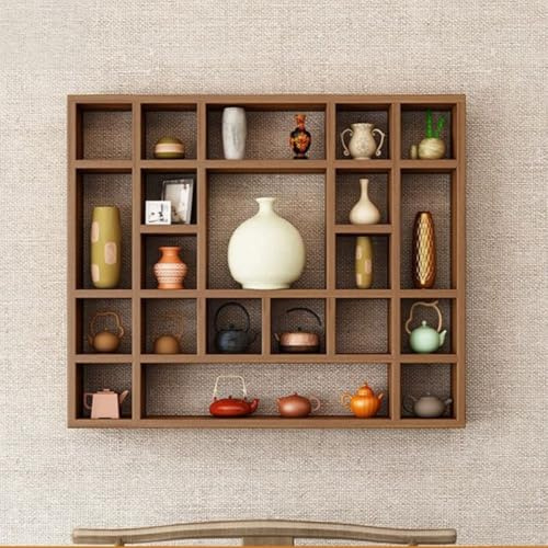 Wall-Mounted Wooden Display Shelf with Multi-Grid Compartments, Rustic Hanging Storage Rack for Teapots, Figurines, Collectibles(Large)