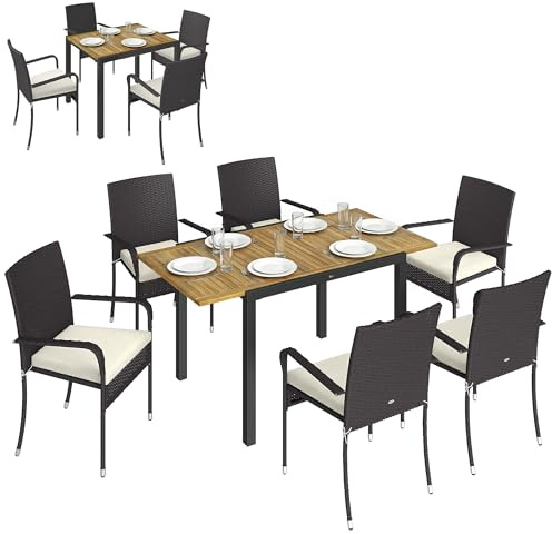 Outsunny Conjunto de Mesa y Sillas Jardín de Ratán de 7 Piezas, Crema | Mesa Extensible 100-150 cm Tablero Madera,6 Sillas Apilables,Cojines Extraíbles,Marco de Acero,Muebles Jardín Exterior