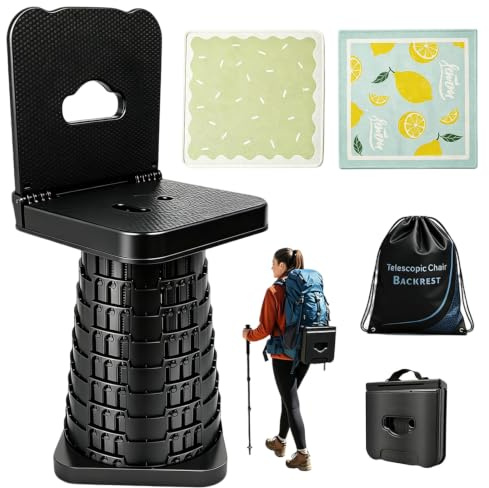 Taburete plegable telescópico con respaldo, asiento acolchado extragrueso, taburete plegable resistente, incluye bolsa de almacenamiento, altura del asiento 45 cm, práctica silla de exterior para