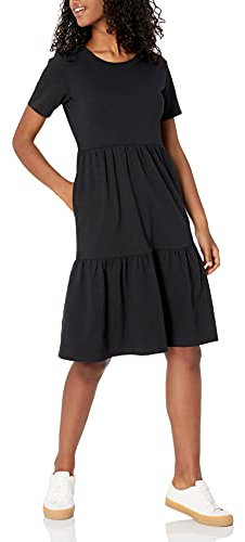Amazon Essentials Women's Short-Sleeve Crewneck Tiered Dress, Black, L