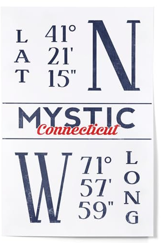 Lantern Press 12x18 Inch Art Print, Home Decor, Mystic, Connecticut, Latitude and Longitude, Red