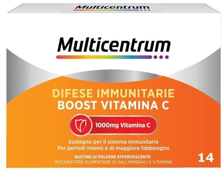Multicentrum Difese Immunitarie, Boost Vitamina C, Integratore Alimentare con 1000 mg Vitamina C, Supporto per il Sistema Immunitario e il Metabolismo Energetico, 14 Bustine