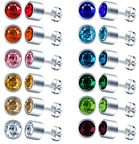 MICGIGI Orecchini da Uomo e Donna, in Acciaio Inox, Rotondi, a Clip, 12 Colori, Zirconia, Piercing, 6mm