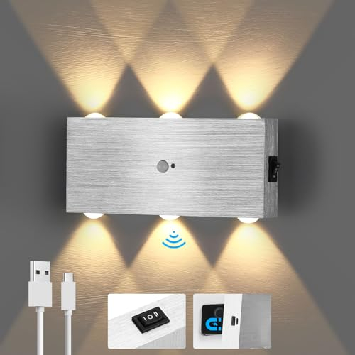 Lightess Lampade da Parete Batteria Ricaricabile, LED Applique da Parete Interno con Sensore di Movimento, Senza Fili con Interruttore Lampada da Parete Interna in Alluminio Incorporato (Bianco Caldo)