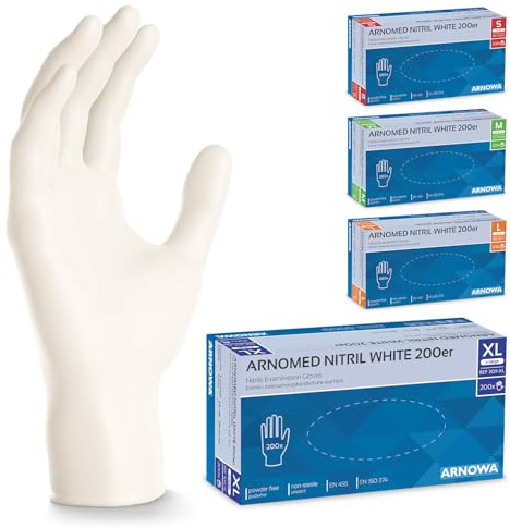 ARNOMED engångshandskar vit 200 st/box, engångshandskar XL, nitrilhandskar puderfria, engångshandskar latexfria, engångshandskar gummi, handskar nitril, engångshandskar i S, M, L & XL