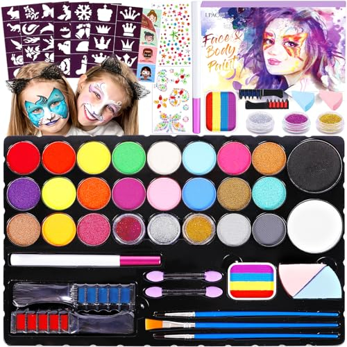 LPAOIS Body Painting Maquillage Enfant 27 Couleurs Peinture Visage Enfant,Maquillage Enfant Kermesse,Peinture Corporelle Maquillage Enfant Carnaval avec Pinceaux,Strass,pour Halloween,Carnaval,Noël