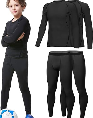 HOPLYNN 2er Pack Thermal underwear Set für Kinder Funktionsunterwäsche Skiunterwäsche Jungen Atmungsaktiv Thermal underwear Warme Fussball Ski Schwarz-XL
