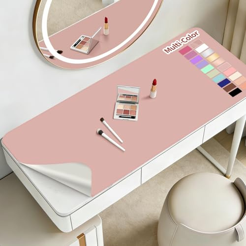 Makeup Mat for Vanity to Protect Desk Top, 31.5 x 15.7 in, Dual-Sided Makeup Mat, Easy to Clean Desk Pad - Waterproof and Oilproof Vanity Accessories (Pink and Silver)