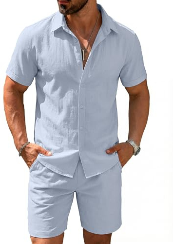 COOFANDY Ensemble de 2 pièces en coton et lin pour homme - Chemise boutonnée à manches courtes - Short de plage - Tenue décontractée