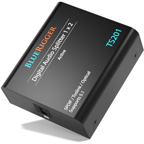 BlueRigger Digital Optical Audio Splitter 1x2 - Active Toslink Splitter 1 in 2 Out, SPDIF, Fiber Optic Audio Adapter for Home Theatre, Xbox, PS5/PS4, DVD, Receiver, HDTV