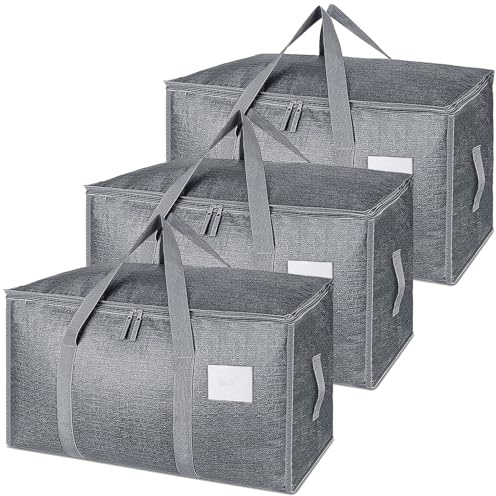 SUNNOW 3 Pack 90L Large Moving Bags, Waterproof Clothes Storage Bags Moving Totes Grey
