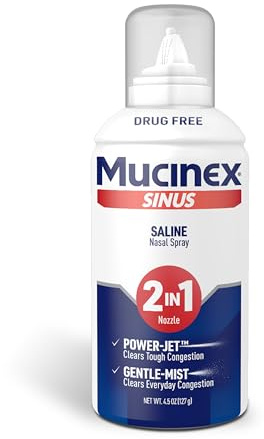 Mucinex Sinus Saline Nasal Spray & Sinus Rinse, Drug-Free, Additive Free, Non-Drowsy Nasal Irrigation with 2-in-1 Jet + Mist Spray Nozzle for Cold & Allergy Season, 4.5oz