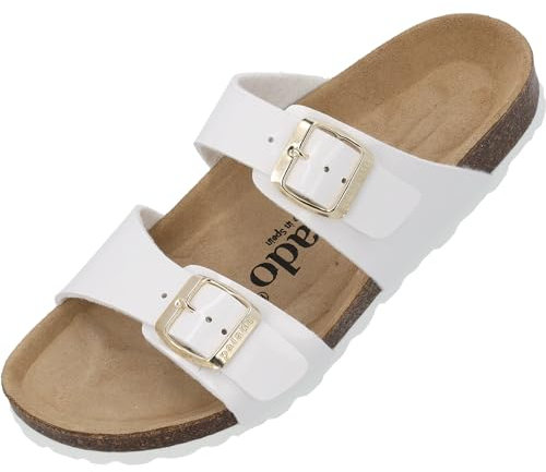 Palado Pantoletten Damen Samos - elegante Sandalen Made in Spain - bequeme Hausschuhe mit dämpfendem Kork-Fußbett - modische Sommerschuhe Lack Weiß/Gold UK7 - EU40