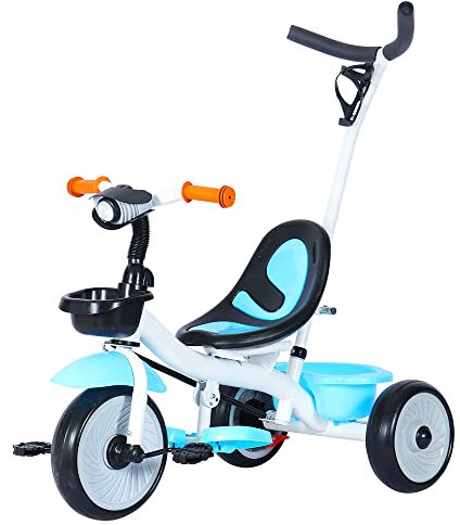 Kinderdreirad mit Schubstange, Sitz mit Sicherheitsgurt, Metallrahmen, Pedal-Freilauf, für Kinder ab 15 Monaten Dreirad Kinderdreirad mit Schubstange und 2 Bremsen