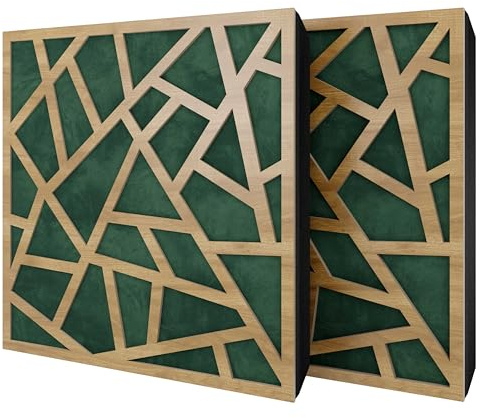 Pack de 2 paneles acústicos absorbentes/difusores con terciopelo y kit de montaje | 50x50x5cm | Reflexión - Insonorización | Tratamiento acústico para el hogar | [SKYROSS - Roble | Verde]