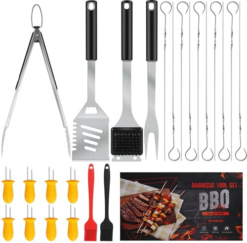 Outils de Barbecue avec spatule, Fourchette, Pince à Barbecue, Baguette, brochettes et Porte-épis de maïs, Brosse en Silicone, Coffret Cadeau pour Homme et Femme