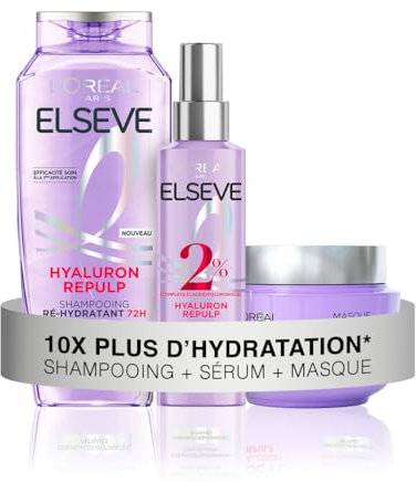 L'Oréal Paris - Routine Soin Hydratation Intense - Cheveux Déshydratés - Hydratation 72H - À l'Acide Hyaluronique - 3 Produits - Shampooing, Sérum & Masque - Elseve Hyaluron Repulp