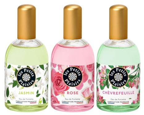 Les Petits Plaisirs - Lot de 3 - Eau de toilette Jasmin, Rose & Chèvrefeuille. Eau de toilette femme, Florales & Printanières, Coffret cadeau. Made in France. 110ml