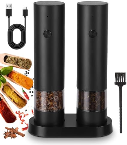 Cexovo Set di 2 Macina Sale e Pepe Elettrico Ricaricabile Set Macina Sale e Pepe Elettrico Mulini per Spezie Ricaricabili USB con Base, 2 Velocità Ricaricabile Set, Ruvidità Regolabile Esterna, Nero