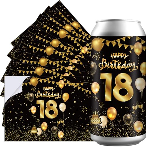 Chrisfall 8 Pezzi 19 x 13 cm Happy Birthday Adesivi per Bottiglie Etichette da Bottiglie 18 Compleanno Adesivi di Lattine in Oro Nero Etichette Autoadesive per Regalo Compleanno