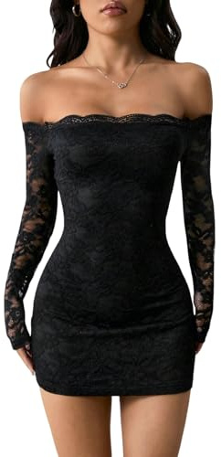 SweatyRocks Abito in pizzo da donna, elegante, a maniche lunghe, mini abito gotico, sexy, con spalle scoperte, in pizzo, per feste, Nero , L
