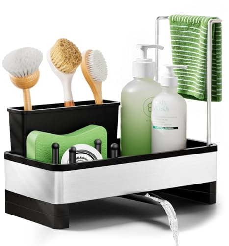 Alyvisun Grande Capacité Rangement Eponge Evier Cuisine avec Bac de Vidange Automatique, Organiseur Evier Cuisine en Acier Inoxydable avec Amovible Porte-brosse et Porte-chiffon