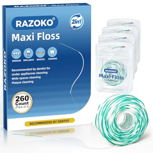 Hilo Dental con Enhebrador para Brackets, Implantes y Puentes - 260uds Sabor Menta, Cera 2 en 1, Fibra Esponjosa 840D, Limpieza Profunda
