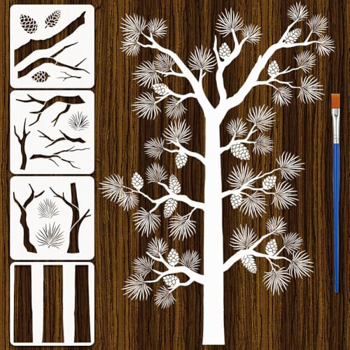 FINGERINSPIRE 4 Pezzo Stencil di Pino con Pennello, 30x30cm Alberi Stencil da Parete Tronchi D'Albero Rami Pigne Aghi Modelli Modelli di Disegno per Parete Pavimento Mobili Fai da Te Arte Artigianato