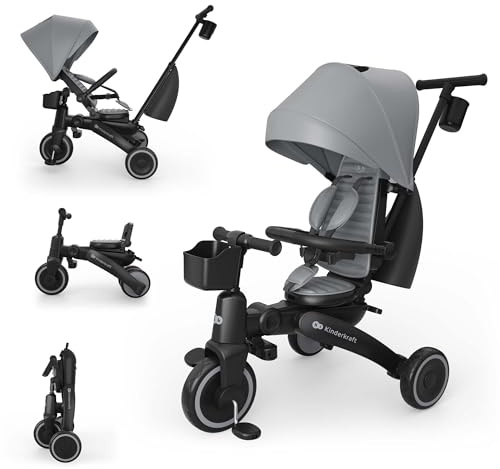 Kinderkraft JAZZ 3 triciclo pieghevole 9 mesi-25 kg, seduta 360°, semi-reclinabile fronte/retro, capotta UPF 50+ impermeabile, ruota libera, chiusura compatta, Grigio