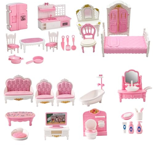 1 mobilier de Maison de poupée Set, 1:12 Scale Doll House Accessoires et Meubles avec Cuisine, Salon, Chambre à Coucher, Salle Bain pour Enfants Playhouse Toy, Maison poupée