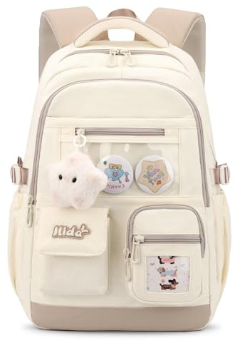 Tanou Sac à Dos pour Fille, Grande Capacité Cartable Adolescent en Polyester Imperméable, Sacs Scolaires Filles Tendance avec Pendentif Étoile pour École Primaire et College, Marron
