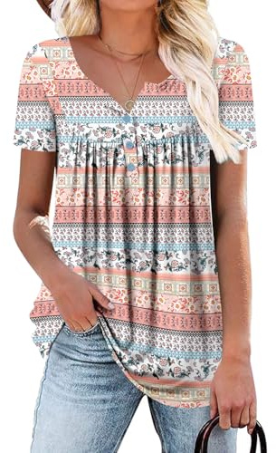 KISSMODA Ladies Pleated Tunic Tops for Women Buttons up Long Sleeve Shirts Floral Print