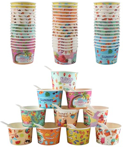 dellyy 50 Piezas Cuencos Helado Papel 165 ml, 10 Diseños Cuencos para Helados Desechables con Cucharas, para Yogur Helado y Sopa, Resistentes y Antifugas, Set para Fiestas (50)