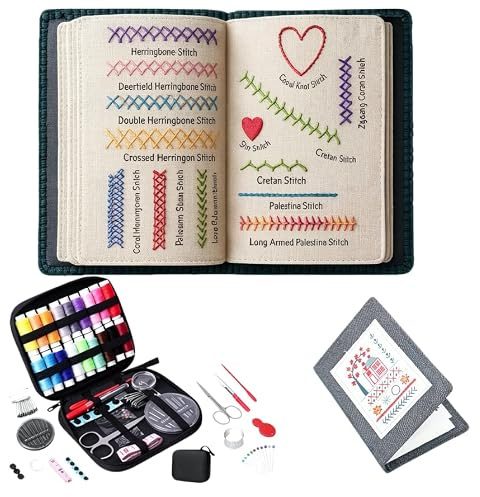Comforso 2026 New Embroidery Stitch Book & Cross Stitch Kits for Adults, Portable Embroidery Kit for Beginners with Tools & Step-by-Step Guide, Linen Stitch Book Practice Canvas (Grey)