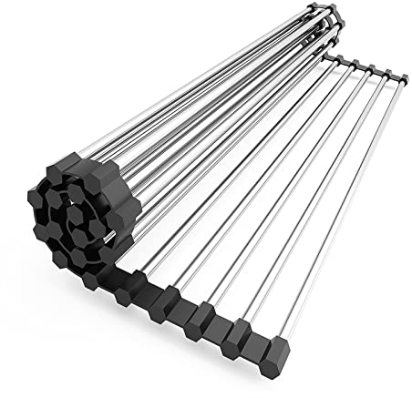 Suneast Dish Drainer Rack, Folding Roll Up Dish Drying Rack Heat Resistant Mat Stainless Steel Over the Sink Kitchen Countertop - Black, 47X30cm