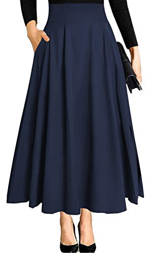 Ranphee Jupe Longue Femme Bleu Marine Chic et Elegant Taille Haute A-Ligne Maxi Midi Festival Fluide Trapeze Evasée Fendue Tenue avec Poche Fermeture Eclair S