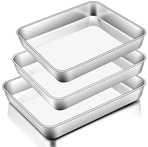 Homikit Baking Tray Set of 3, Stainless Steel Deep Baking Sheet Pans, Rectangle Traybake Cake Tin for Cookie Lasagna Flapjack Brownie, Healthy & Heavy-Duty, Brushed Finish & Dishwasher Safe - 3 Size