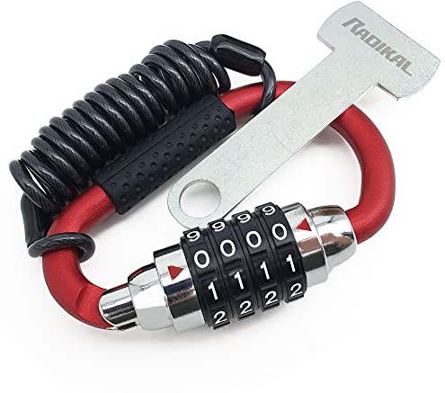 RADIKAL RK540R Lucchetto Casco Moto, Antifurto Casco Moto, Moschettone con 4 (altri 3) Codice Più Sicuro + Cavo Flessibile in Acciaio + Adattatore a T, Accessori Blocca Gancio Bici