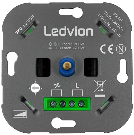 Ledvion - LED Dimmer Schalter, Drehdimmer Unterputz Dimmschalter, Phasenabschnitt, für dimmbare LEDs 5–250W / Halogen 5–300W, 220-240V, ohne Abdeckrahmen, Dimmer für LED Lampen