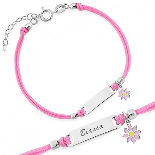 Sakrami Bracciale Argento 925 Bimba Cordoncino Rosa Fiore Piastrina Incidibile Kids Collection + Confezione Regalo Personalizzata - Braccialetto per Nascita Comunione Battesimo Compleanno
