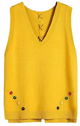 Pull tricoté sans manches pour femme - Gilet avec boutons latéraux - Pulls décontractés - Hauts d'automne, jaune, XXL
