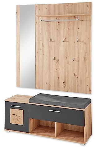 DEINE TANTE EMMA 30H3HS61 Garderobe Set mit Paneel, Bank und Spiegel Fun Artisan Eiche Nb. / schwarz matt ca. 126 x 193 x 38 cm